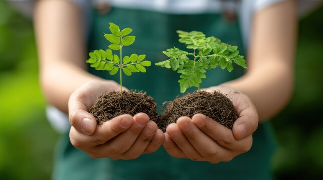 Young saplings carefully cradled in two cupped hands signify hope for future growth and environmental care