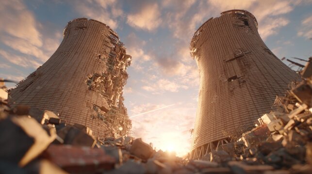 Two massive industrial cooling towers stand heavily damaged amid rubble under a dramatic sunset sky
