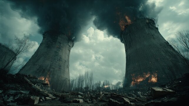 Two massive industrial cooling structures emit thick dark smoke while burning under a bleak sky