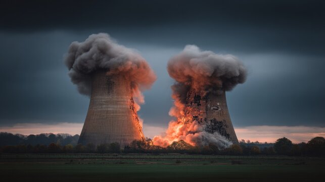 Industrial cooling structures collapse dramatically amidst explosion and dark smoke under a gloomy sky