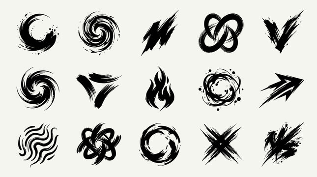 Collection of Black Ink Brush Stroke Abstract Symbols and Designs.