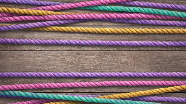 Colorful twisted strands cross over a textured wooden surface background