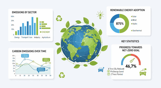 Sustainability dashboard with ecological global data charts