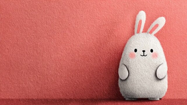 Adorable animated white rabbit with pink cheeks peeking out and hiding again on a red background