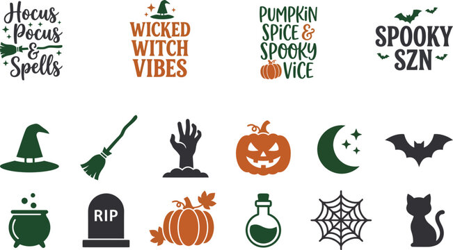 Halloween icons and phrases in green, orange, and black on white background