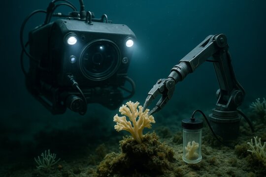 An underwater robotic arm carefully takes a coral sample into a glass jar. A submersible with spotlights illuminates the scene, showing ocean research.