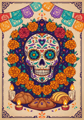 Obraz premium Calavera with colorful floral patterns and traditional Day of the Dead offerings like marigolds, candles, and pan de muerto.