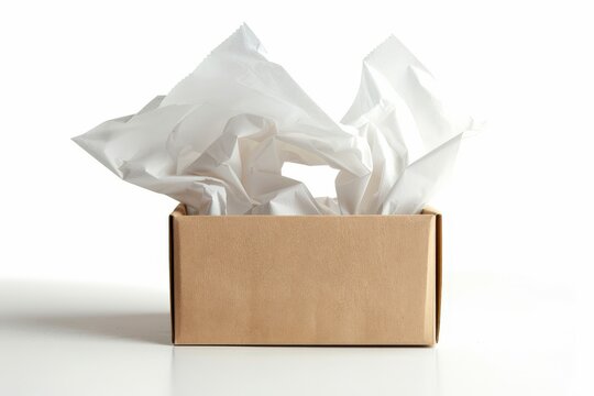A simple cardboard box is filled with crinkled white tissue paper, creating an abstract presentation of unpacking or gift-giving.