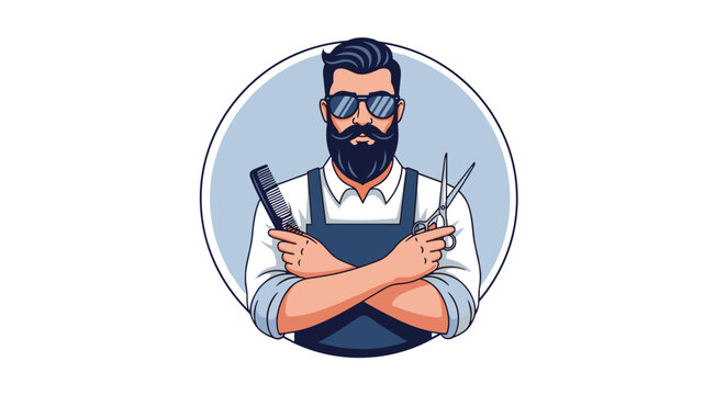 Professional barber with a thick beard and sunglasses posing with his tools including a comb and scissors inside a circular frame.