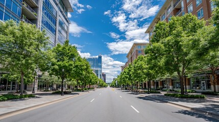 Obraz premium Tree-lined City Street with Modern Buildings Under a Bright Blue Sky