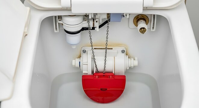 Close up of toilet tank components showing float mechanism and chain
