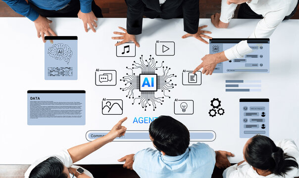 A dynamic group of professionals engaged in a strategic discussion about artificial intelligence solutions, surrounded by tech-focused graphics and data representations. Cyphers