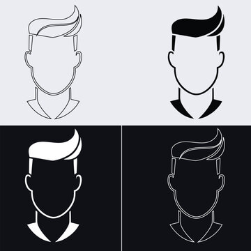 Faceless man head silhouette with trendy hairstyle vector illustration set, male avatar design elements on light and dark background.