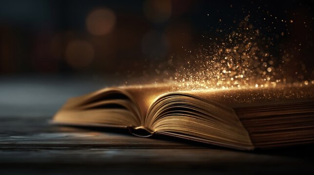 Open antique book glowing with magical golden dust particles emerging, symbolizing knowledge and imagination