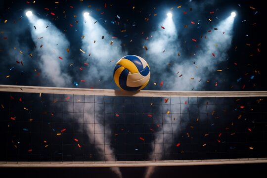Dynamic image of a volleyball on a net with stadium lights. Confetti falls, celebrating a victory or exciting match.