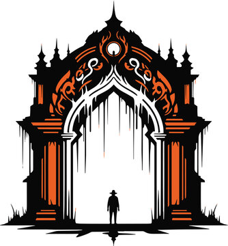 Gothic archway entrance with silhouette man and spooky ornate details