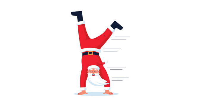 Energetic Santa Claus performing a playful handstand against a white background to show a fun and active side of the holiday icon.