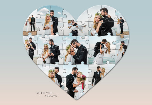 Love Heart Puzzle Photo Collage Template, Romantic Poster, Wedding Anniversary Photo Grid Layout