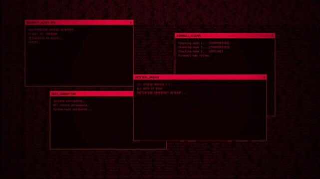 Red Data Corruption and Firewall Breach Terminal Interface, Critical System Security Alert, Cyber Attack Hacking Simulation Console