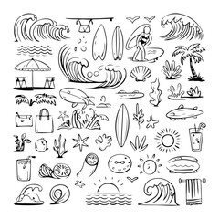 Hand Drawn Beach Surf Doodle Vector Set © mdshamimhossaingd