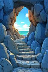 Fototapeta premium Inviting watercolor illustration of a stone staircase leading through a cave opening to a bright turquoise sea