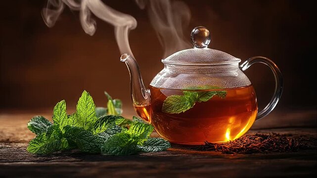 Steaming glass teapot filled with herbal mint tea on a dark rustic wooden table next to fresh peppermint leaves