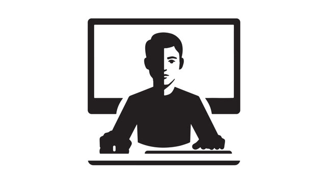 Computer operator silhouette working at desk with monitor and keyboard, digital workplace concept for remote work and support services
