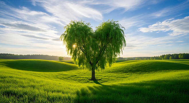 Heart-Shaped Green Tree in a Vibrant Summer Meadow at Sunrise - Love Nature Concept