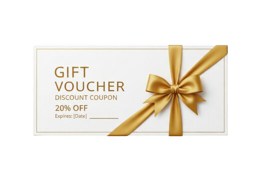 White gift voucher with gold ribbon bow, 20 percent off discount coupon template with text and expiration date line on a black background