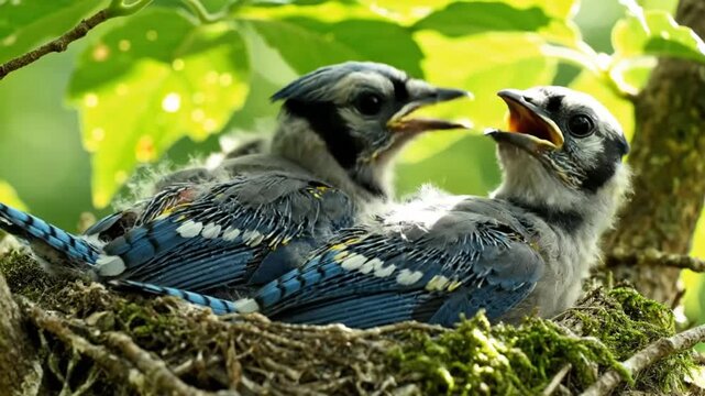 Baby blue jays in their nest, waiting for their mother to bring food on a sunny day amongst green leaves