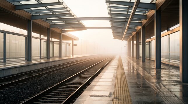 Empty railway platform leading into soft fog, symbolizing travel, journey, and new opportunities.