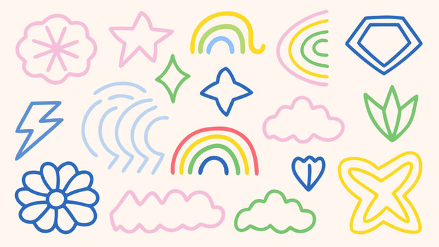 Colorful neon icons, pastel shapes, rainbow symbols, cute stickers, svg graphics
