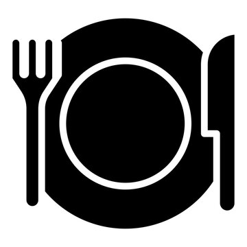 Table Setting Glyph Black Silhouette Icon Design Vector - Plate with fork and knife representing dining, restaurant service, and meal preparation