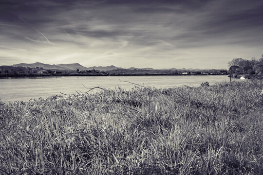 River Adour in the Basque country, southwest of France in black and white