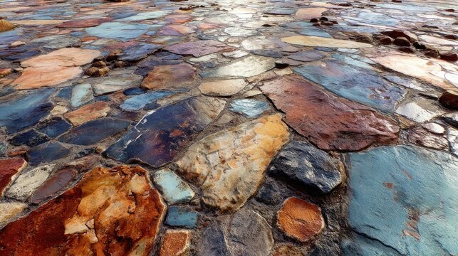 Multicolored irregular flagstones create a wet, textured ground surface extending into the distance.