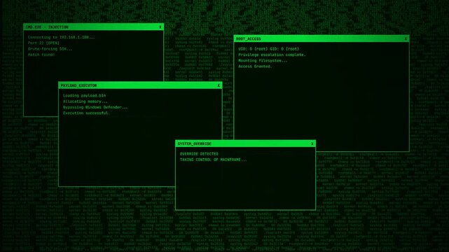 Green Matrix Style Hacker Terminal Interface with Root Access and Payload Injection, Computer System Override Simulation, Command Line Programming Dashboard