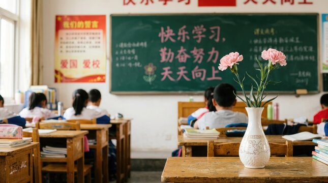 A chinese elementary school classroom with students at desks and a vase of flowers on a table