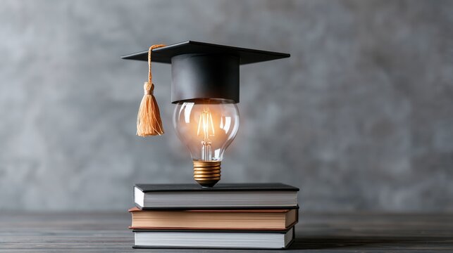 A graduation cap sits atop a stack of books with a lightbulb