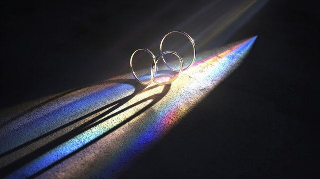 Thin circular objects refract a beam of light creating a spectrum projection onto a dark surface.