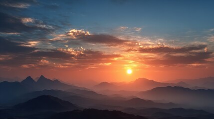 Obraz premium Epic sunset landscape sky with big bright sun going down