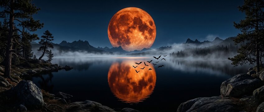 Eerie Halloween night landscape with a giant red blood moon over a misty mountain lake. Spooky fantasy scene with flying bats and a reflection for a gothic banner.