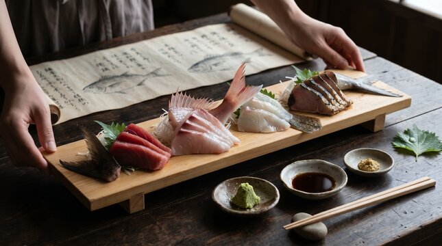 Sashimi no Hajime &ndash; The Muromachi Samurai Origin of Sashimi, with Sugata-zukuri Identification Fins, Edomae Tokyo Bay Fish, Real Grated Wasabi Root, and an Ancient Japanese Culinary Scroll Setting