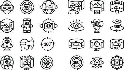 Fototapeta premium Virtual reality and 360 degree view line art vector icons set with VR headset panorama camera and rotation symbols isolated on white background
