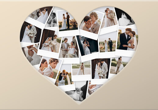 Heart Photo Collage Template & Wedding Album Poster, Love Memories Moodboard, Polaroid Mockup