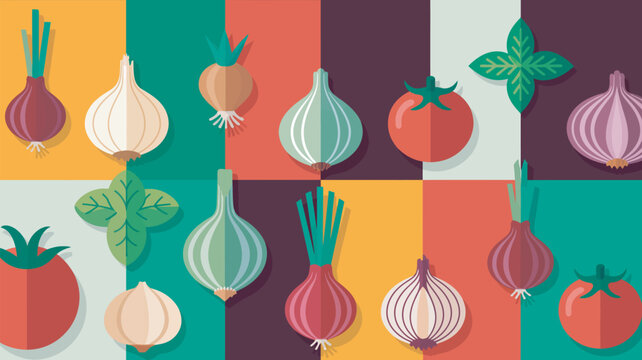 Colorful flat vector illustration of assorted vegetables and garlic on geometric background
