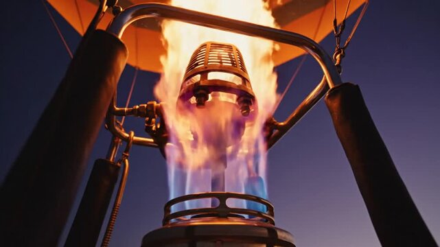 Low angle of a hot air balloon burner heating up with flames for flight, golden hour
