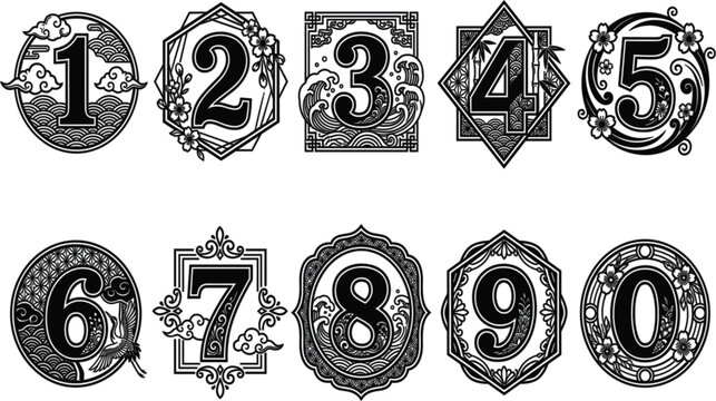 Japanese Style Number Vector Set 0 to 9 with Traditional Waves and Clouds Elements Black Line Art Ornaments