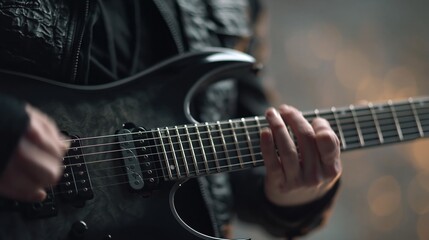 Obraz premium Close up of musician's hands playing a dark electric guitar with textured wood grain body in a dimly lit setting