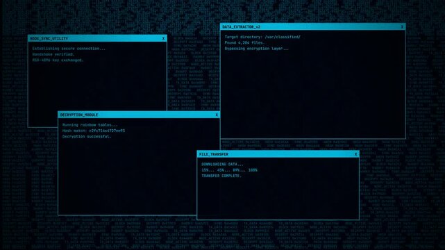 Blue Cyber Attack Terminal Interface with Data Extraction and File Transfer, Software Hacking Simulation, Network Security Monitoring Dashboard
