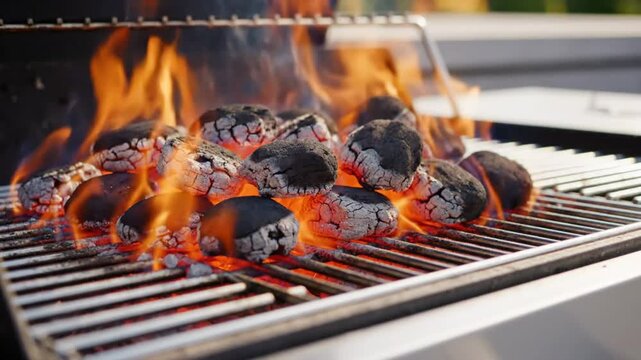 Close-up shot of hot charcoal briquettes burning on a stainless steel grill with large orange flames for summer barbecue.